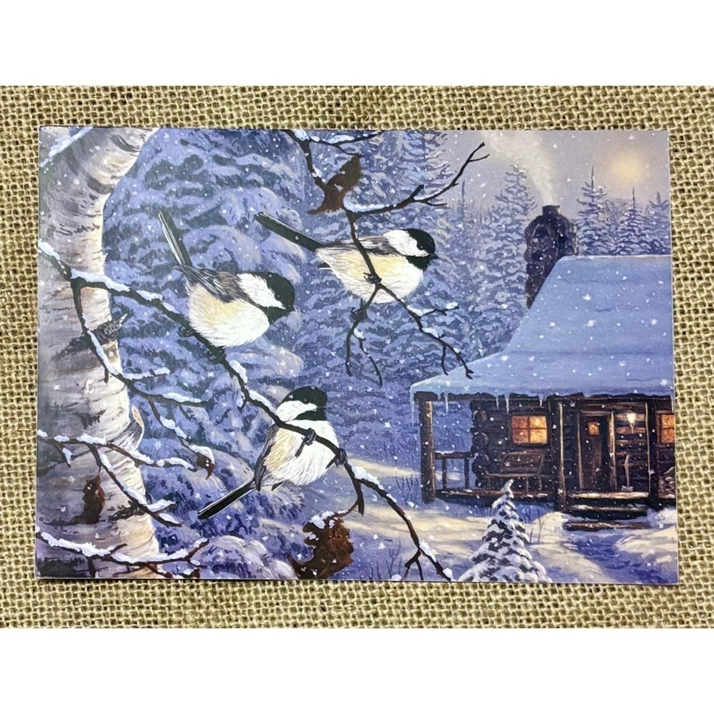 Chickadees Winter Birds Snowy Night Log Cabin Christmas Card Framable Journaling